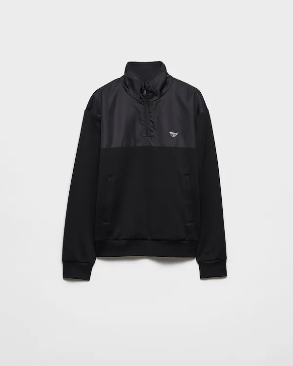 Sudadera de felpa de algodón con cremallera a media altura y detalles en Re-Nylon
